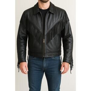 Antelope Creek Black Leather Fringe Motorcycle Jacket Size Medium